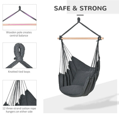 Hanging Macrame Chair, Cotton w/ Two Cushions, Dark Grey Hammock Swings at Gallery Canada