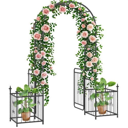 7.2FT Metal Garden Arbor, Double Doors, 2 Side Baskets, Black