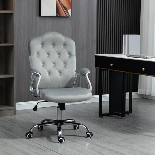 Velvet Office Chair, Button Tufted Desk Chair, Adjustable Height, Grey