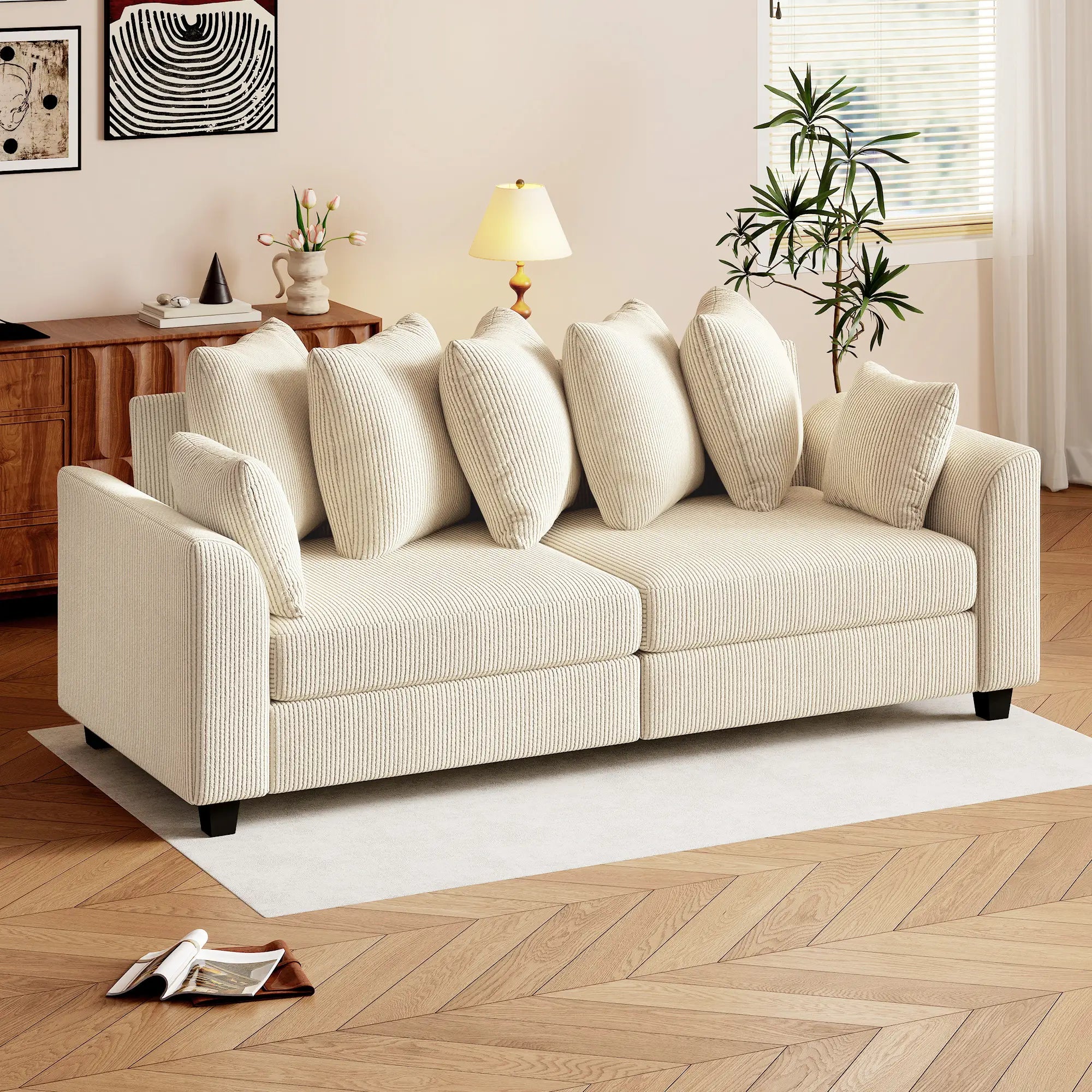 Corduroy Couch, 3 Seater Sofa, Modern with Curved Armrests, 8 Pillows, Beige 3-Seater Sofas at Gallery Canada