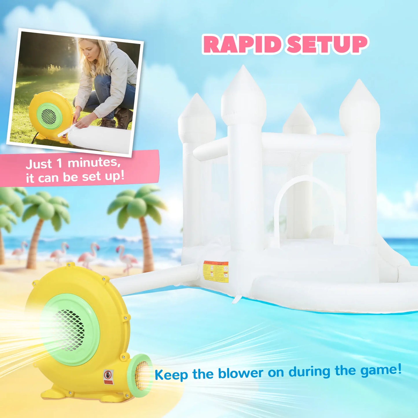 Inflatable Bouncy Castle, 3-in-1 Bounce House with Slide, Ball Pit, 370W Blower, White Inflatables at Gallery Canada