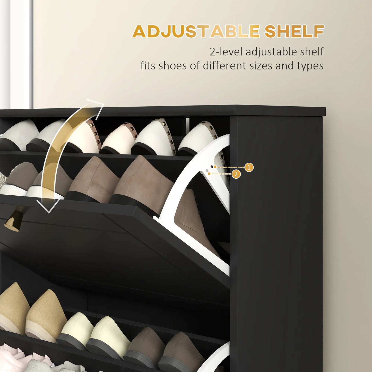 Narrow Shoe Storage, 3 Flip Drawers, Adjustable Shelves, Holds 12 Pairs, Black Shoe Storage Cabinets & Racks at Gallery Canada