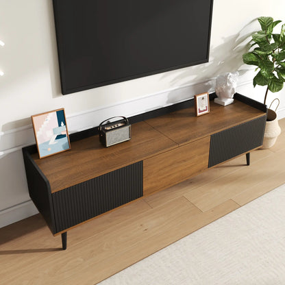 Three Door Stand, Raised Edge, Sturdy Wooden Legs, 63" L x 15.5" W x 19.5" H, Natural, Black TV Stands at Gallery Canada