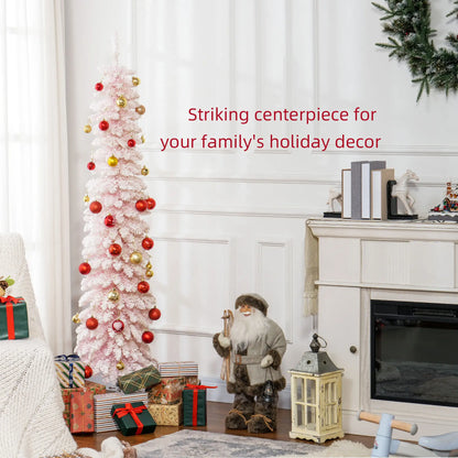 6ft Snow-Flocked Slim Pencil Christmas Tree, 395 Branches, Metal Base, Pink Pencil Christmas Trees at Gallery Canada