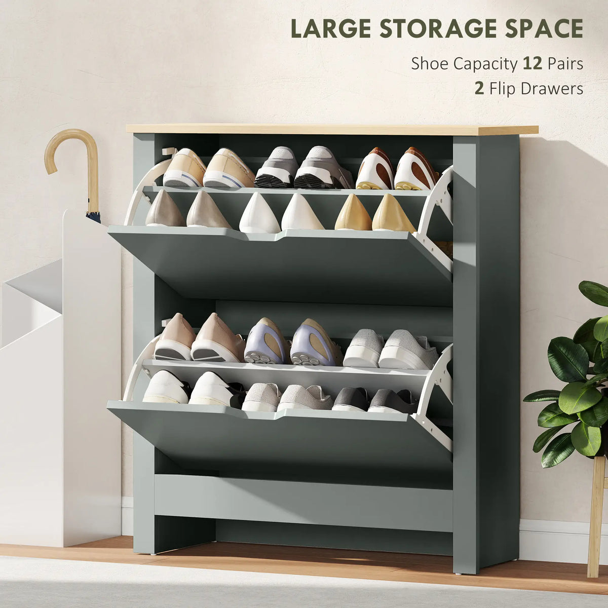 Shoe Storage Cabinet, 2 Flip Drawers, Adjustable Shelves, Light Grey