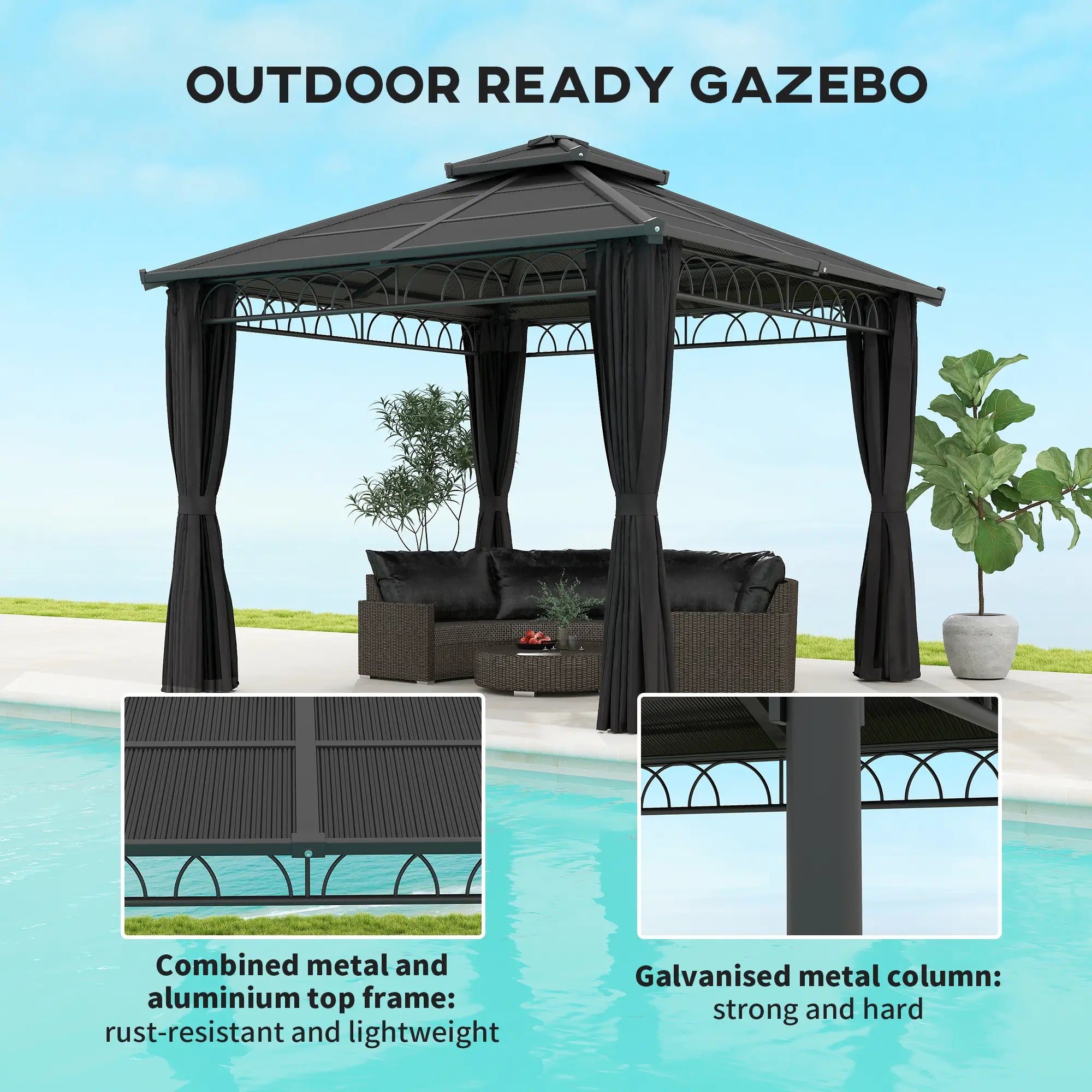 9' x 10' Hardtop Gazebo With Steel Frame, Nettings, Curtains, Black Gazebos at Gallery Canada