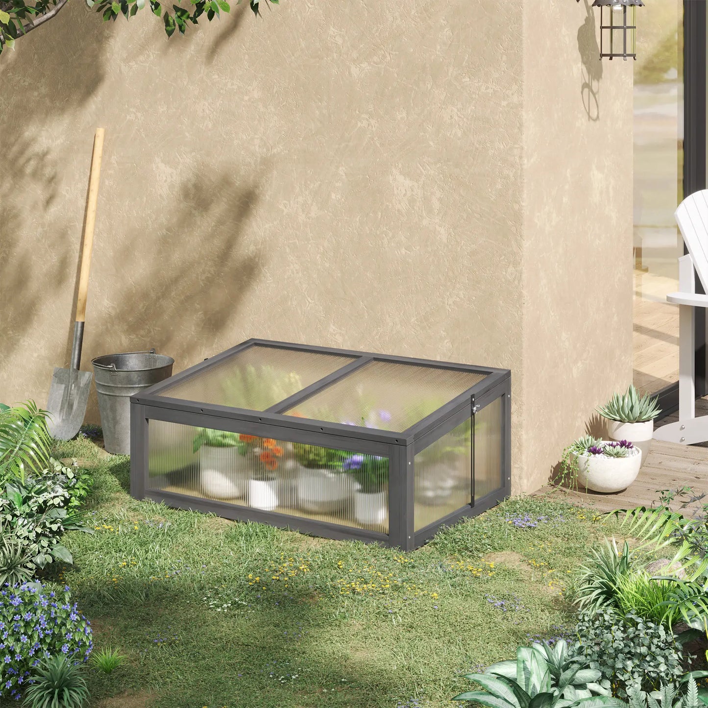 39" x 26" x 16" Wooden Cold Frame, Tilted Top Cover, Polycarbonate Planter Box, Grey Greenhouses at Gallery Canada