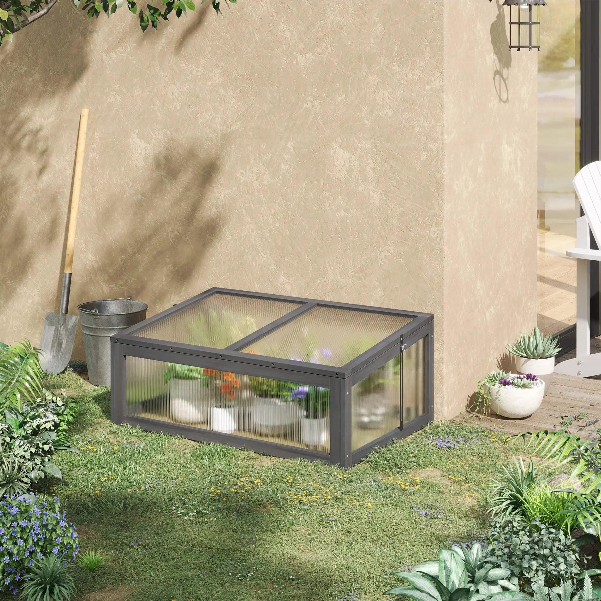 39" x 26" x 16" Wooden Cold Frame, Tilted Top Cover, Polycarbonate Planter Box, Grey Greenhouses at Gallery Canada
