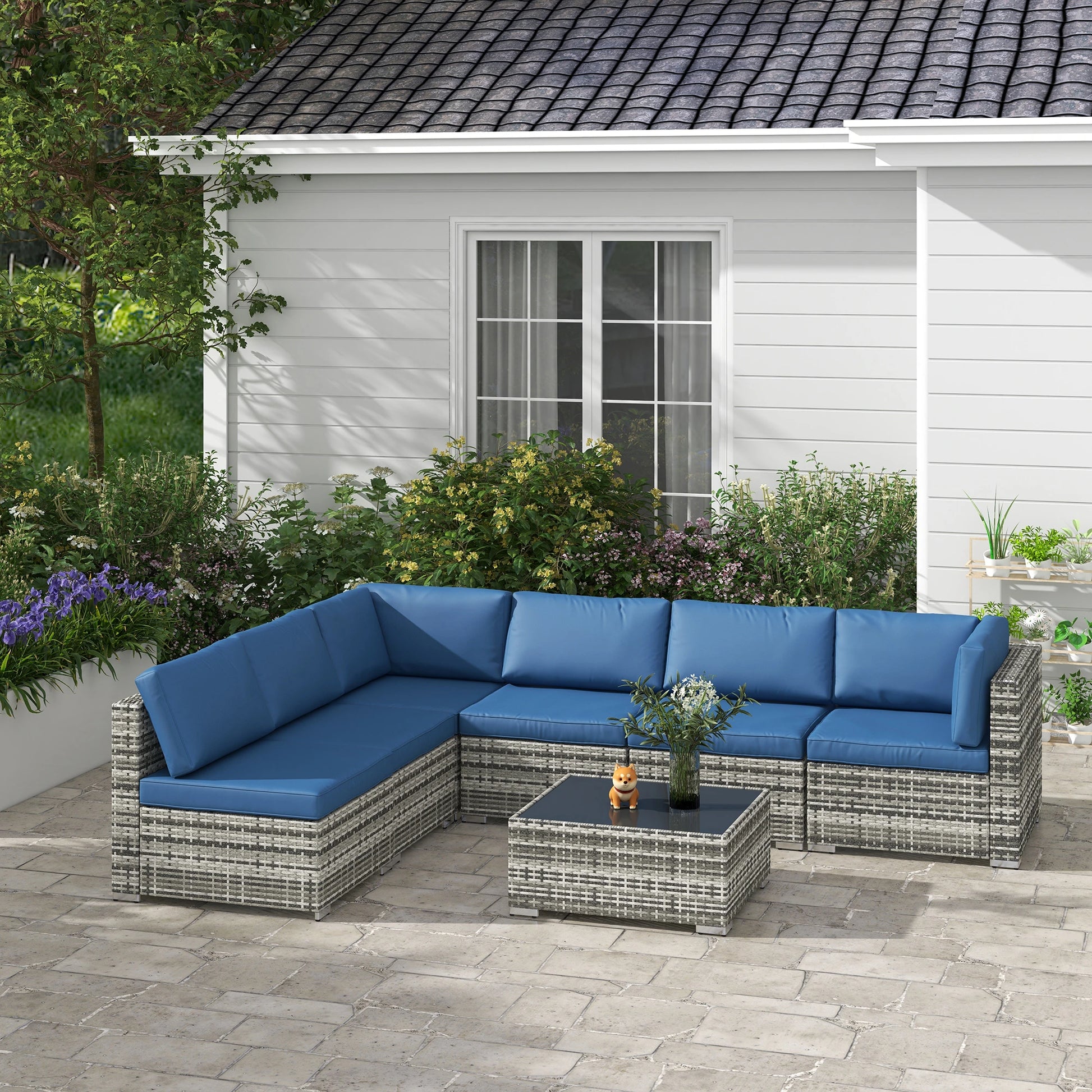 7pc Wicker Sectional Set, Tea Table, Rattan Sofa, Outdoor Furniture, Blue Patio Furniture Sets at Gallery Canada
