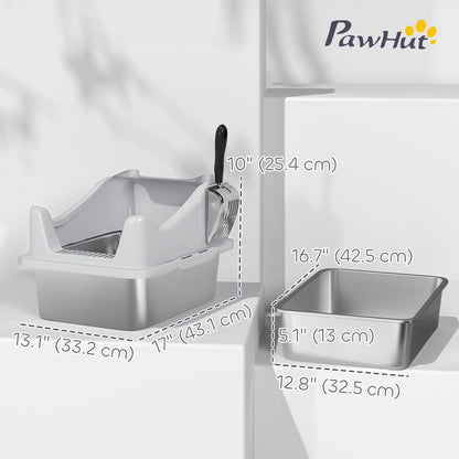 Stainless Steel Cat Litter Box, 17" x 13" x 10", Metal Scoop, Grey