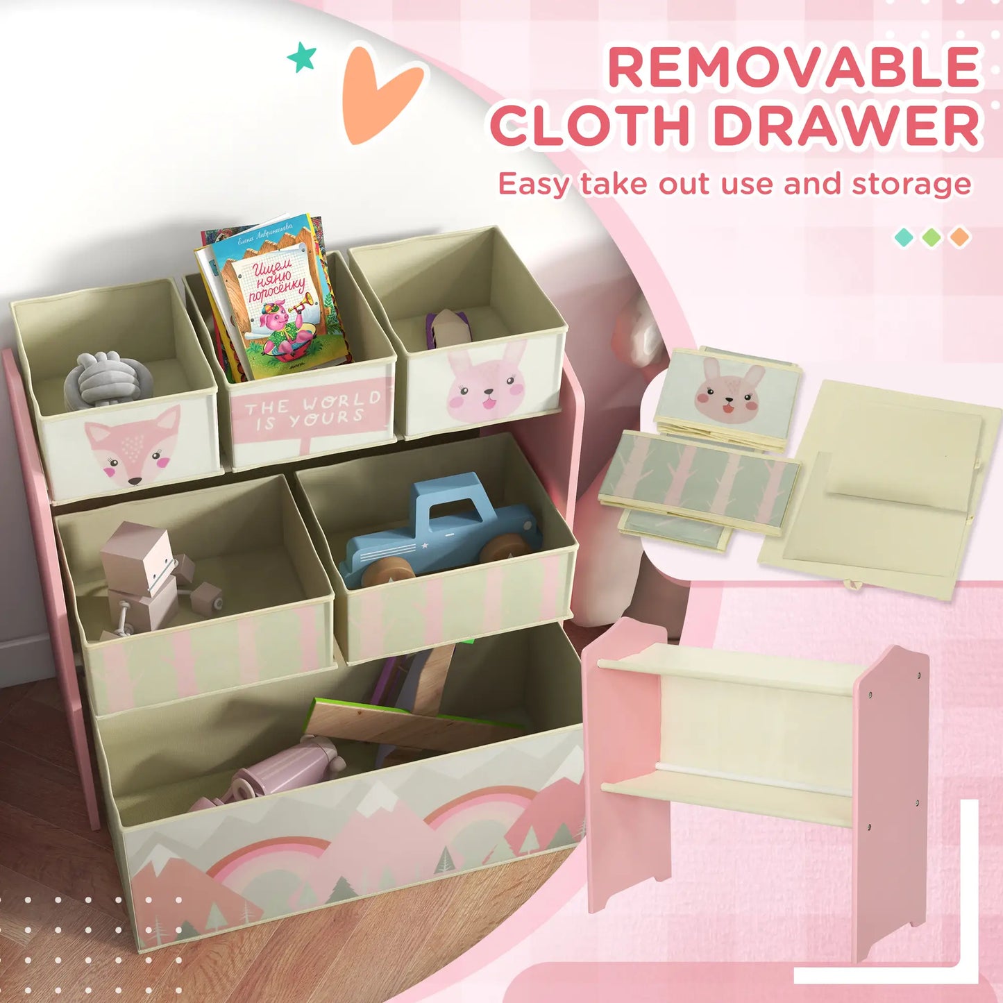 Toy Organizer with 6 Storage Bins, 25" X 12" X 26", Pink