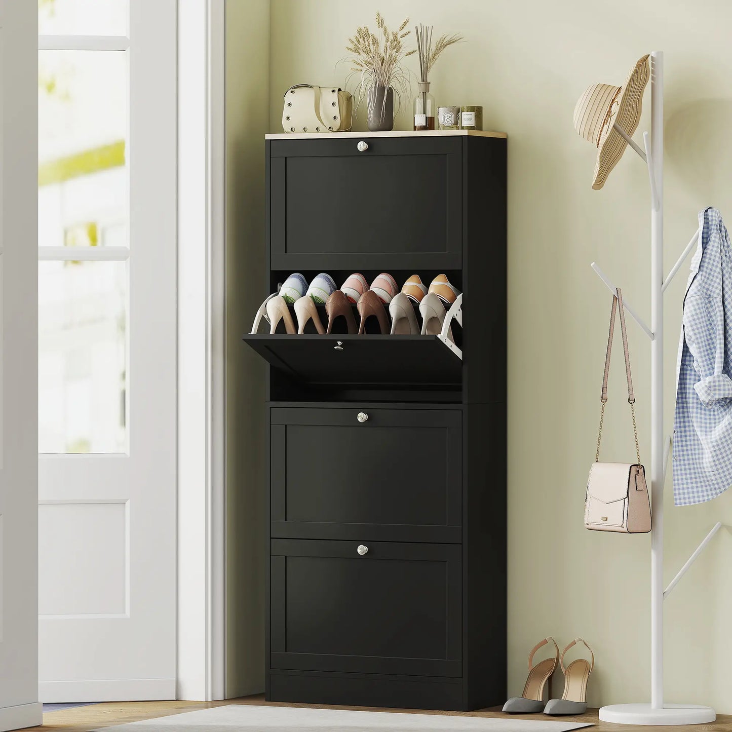 Shoe Storage Cabinet with 4 Flip Drawers, Adjustable Shelves, 18-24 Pairs, Black Shoe Storage Cabinets & Racks at Gallery Canada
