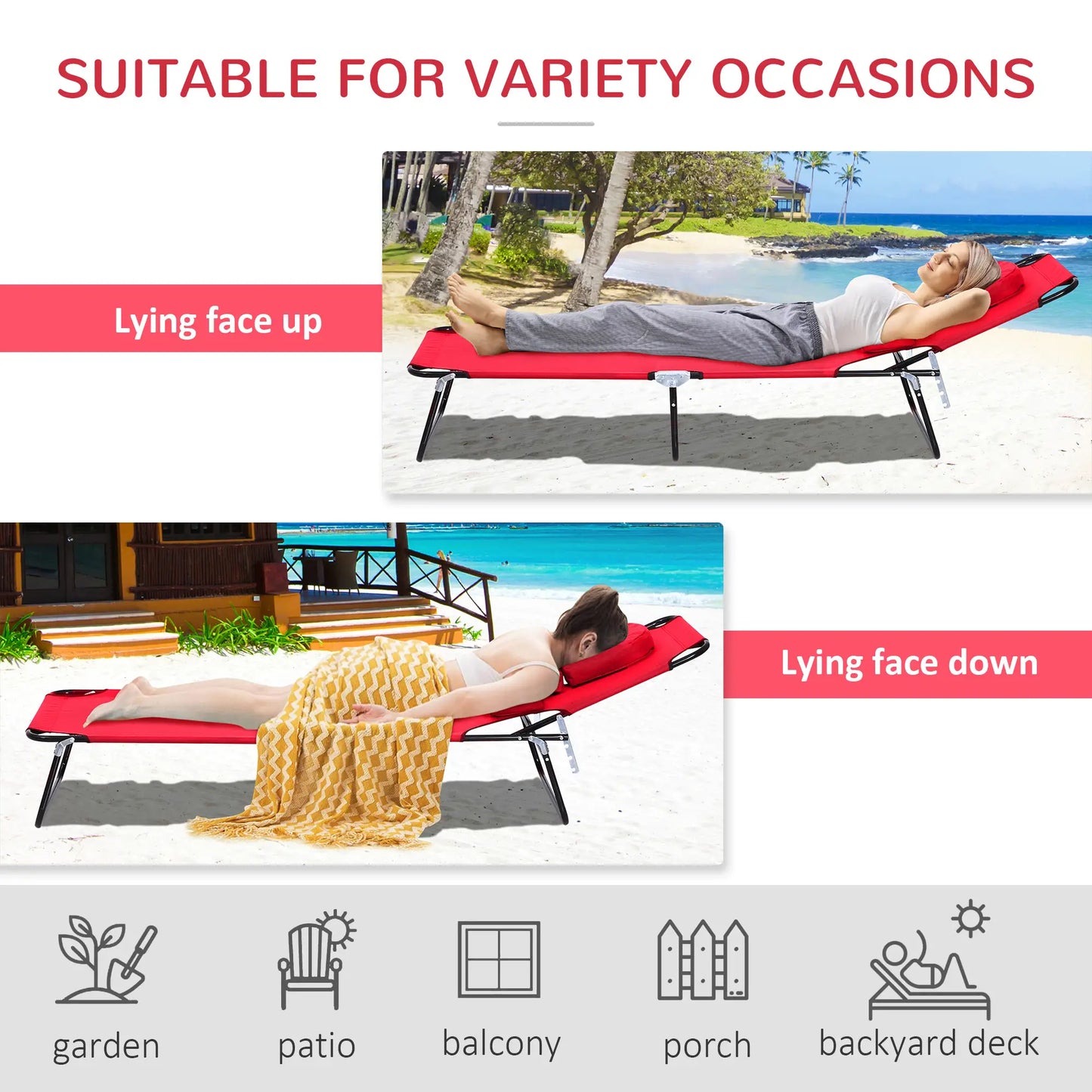Adjustable Outdoor Lounge Chair, Folding Chaise with Face Hole, Red Lounger Chairs at Gallery Canada