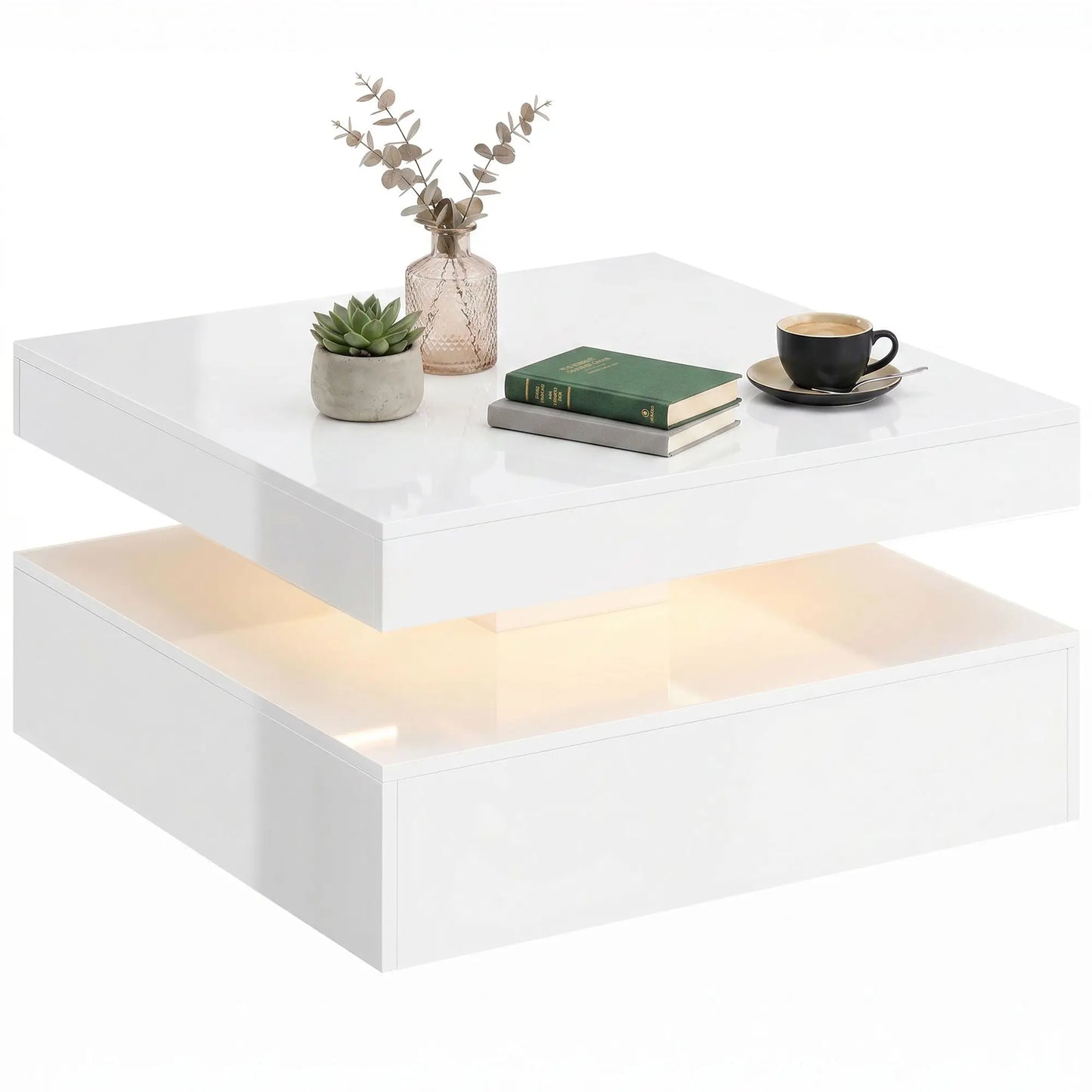 LED Coffee Table with Storage, 2-Tier Modern Center Table with Open Shelf and Remote for Living Room, High Gloss White