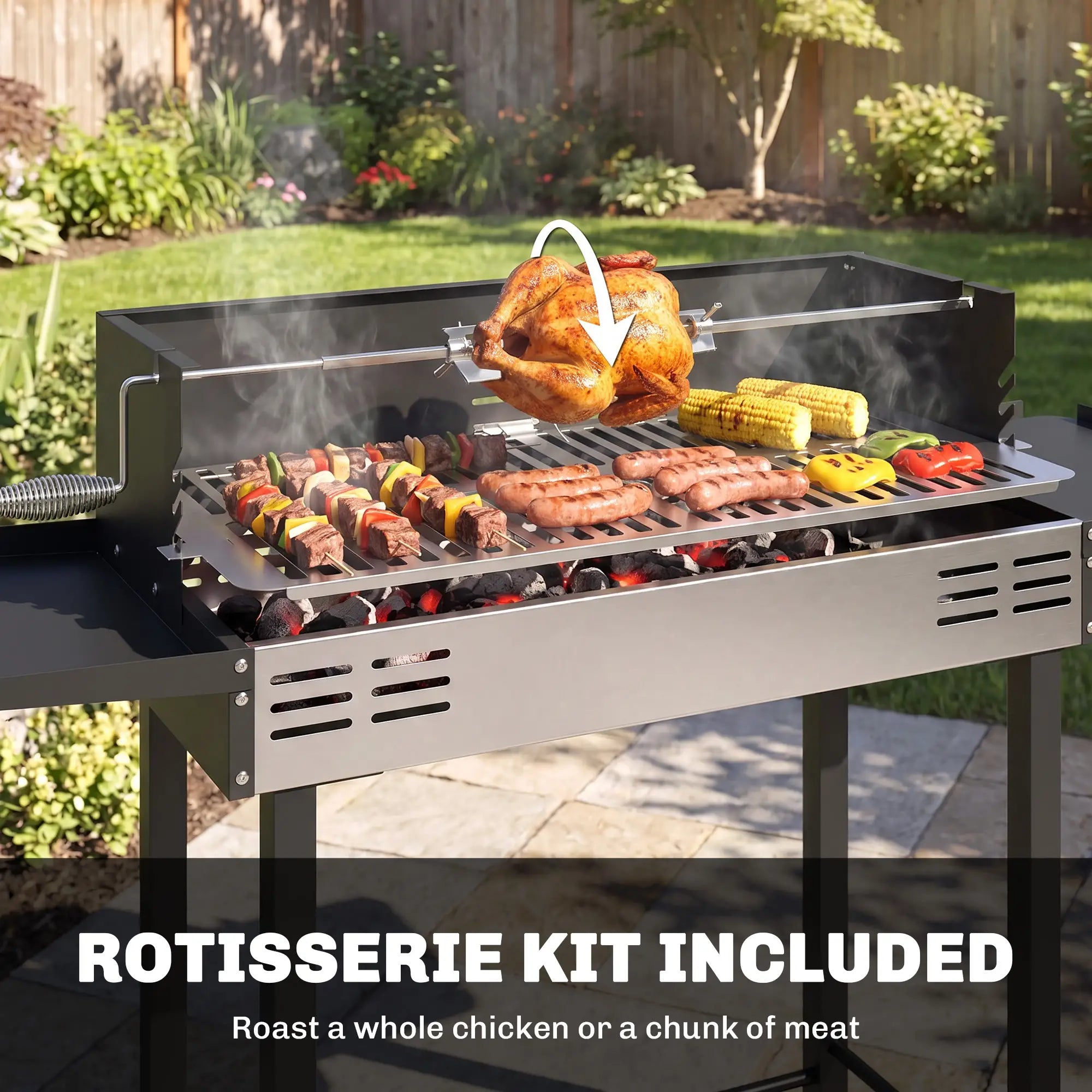 Charcoal Rotisserie Grill, 3-Level Grate, Storage Shelves, Stainless Steel Charcoal BBQ Grils at Gallery Canada