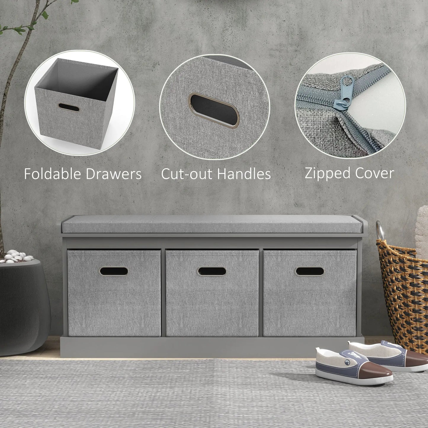 Shoe Storage Bench with Seat, 3 Fabric Drawers, Grey Shoe Storage Cabinets & Racks at Gallery Canada
