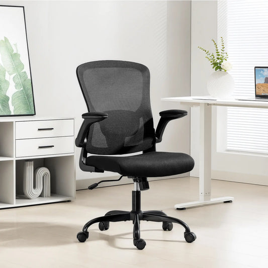 Ergonomic Mesh Office Chair, 4D Lumbar Support, Flip-Up Armrests, Tilt, Black Task Chairs Black at Gallery Canada