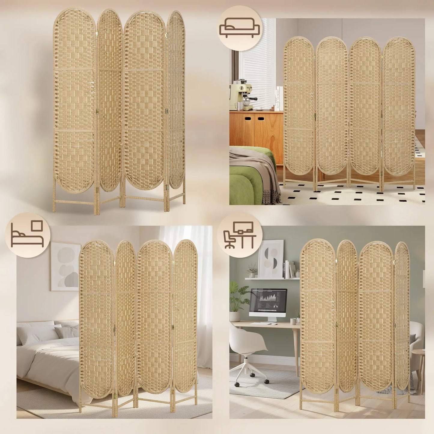 Bohemian Privacy Screen, 4 Panel Folding Room Divider, Arched Top, Natural Wood Room Dividers at Gallery Canada