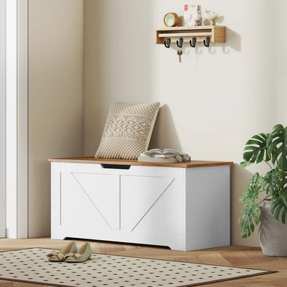 39.4 Inches Storage Chest, Brown White Wood Grain, Safety Hinges, Brown White