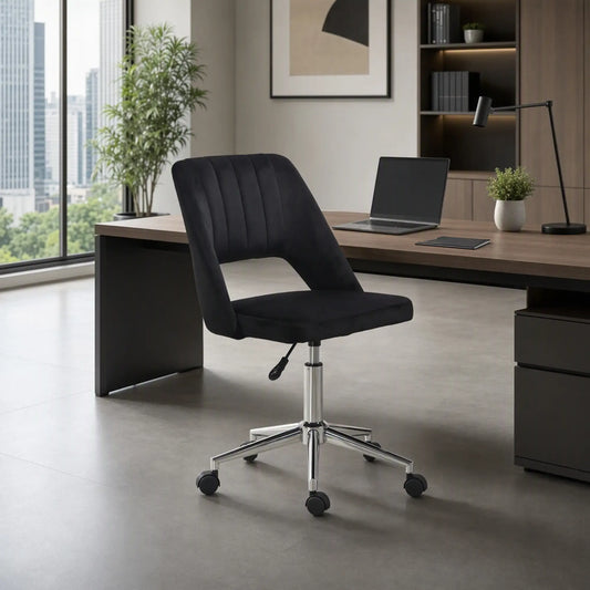 Mid Back Office Chair, Velvet Fabric, Swivel, Scallop Shape, Black Office Chairs Black at Gallery Canada