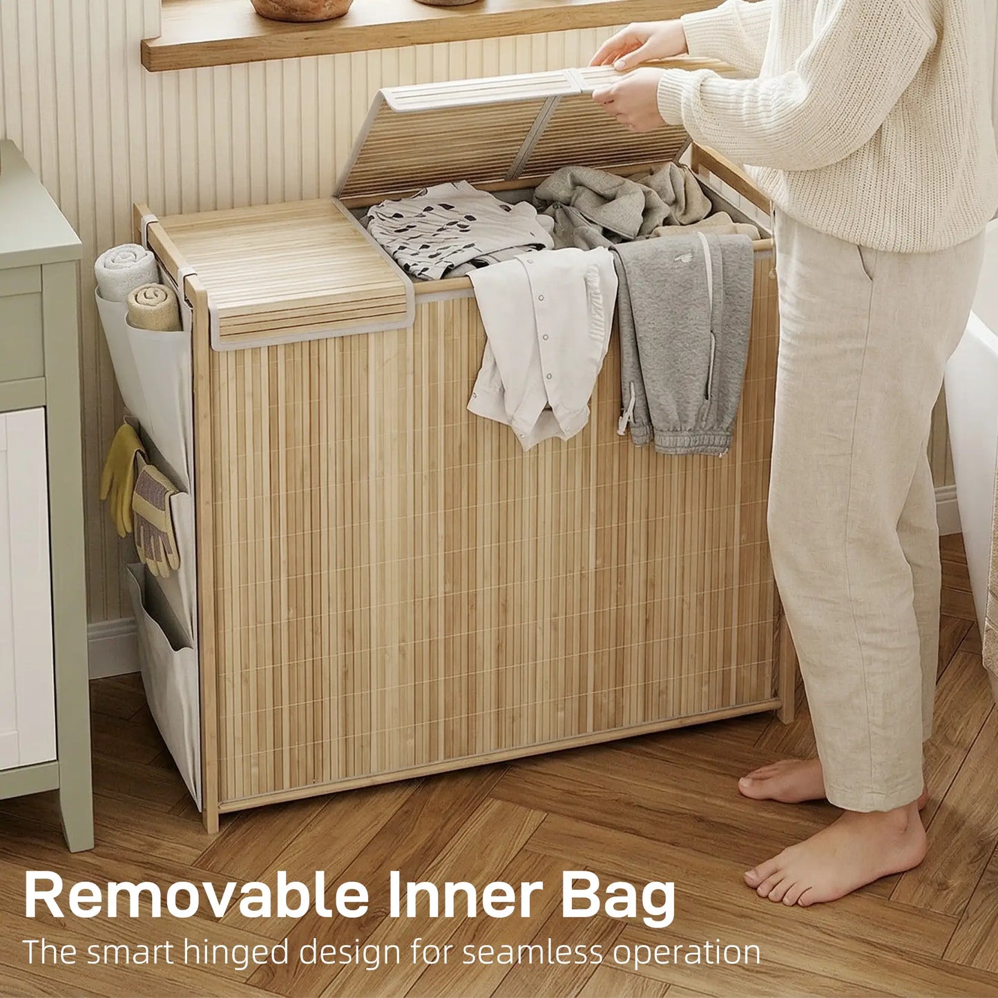Bamboo Laundry Hamper with Removable Drawstring Bag and Side Storage Pockets, 47 Gal, Natural Bath Accessories at Gallery Canada