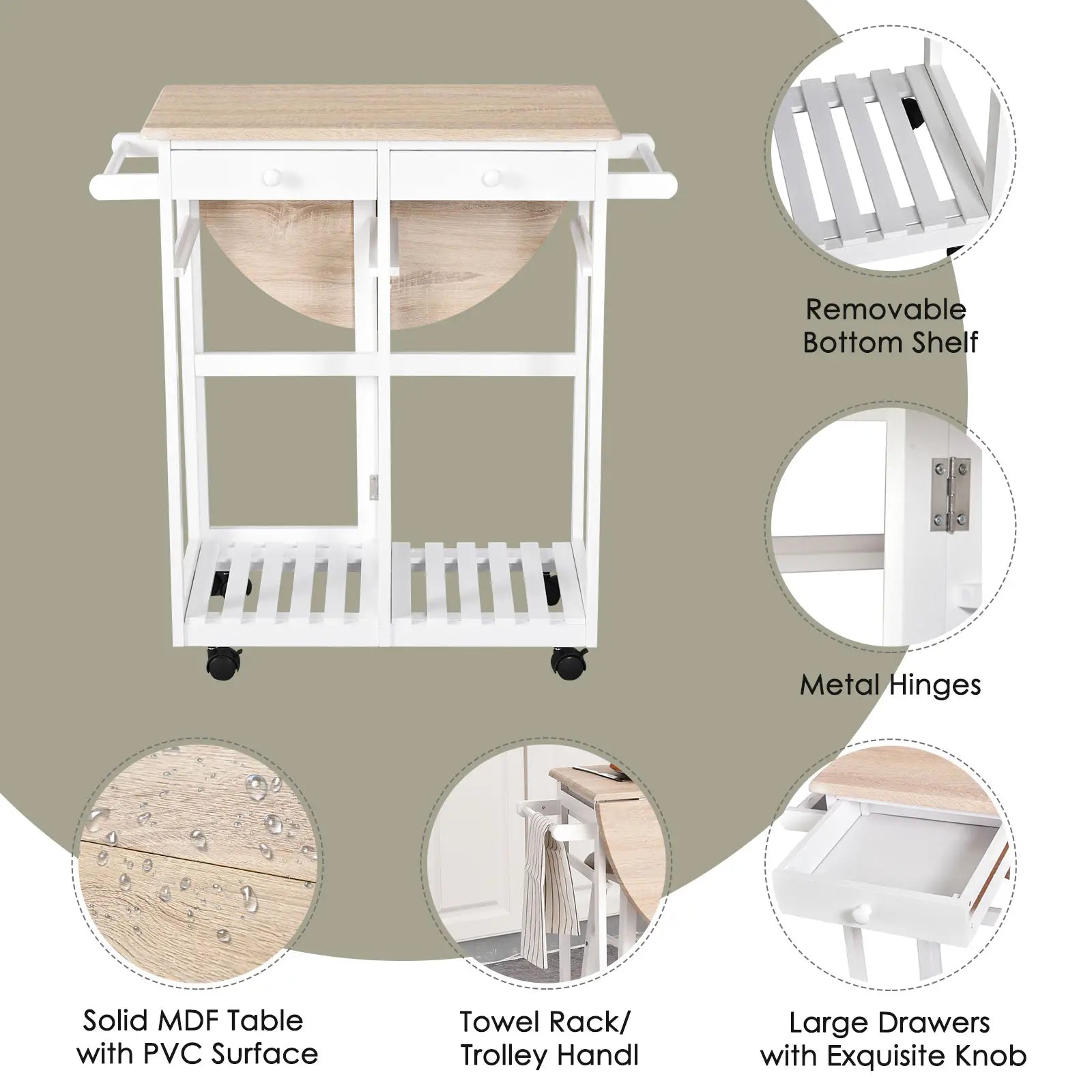 3 Piece Kitchen Cart Set, Drop Leaf Table, 2 Stools, Rolling Wheels, Wood, White Kitchen Islands & Kitchen Carts at Gallery Canada
