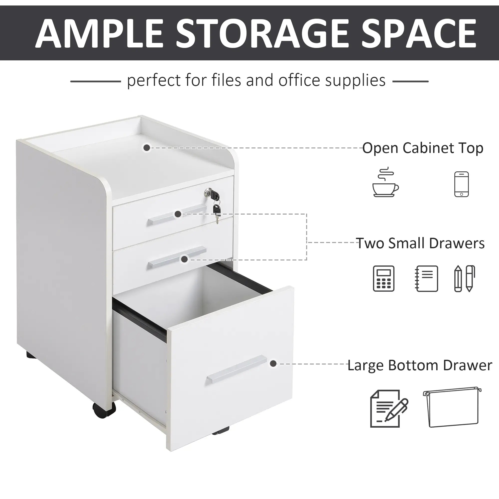 3 Drawer File Cabinet with Lock, Lockable on Wheels, Letter and A4 Size, White Office Cabinets & Cupboards at Gallery Canada