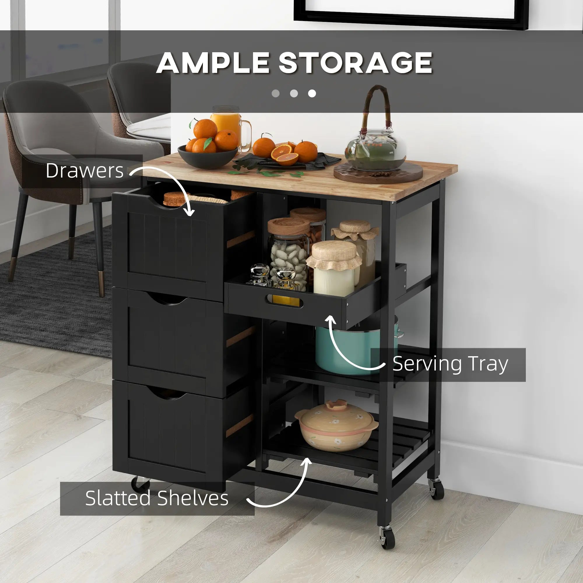 Kitchen Cart on Wheels, Wood Top, 3 Drawers, Shelves, Black Kitchen Islands & Kitchen Carts at Gallery Canada