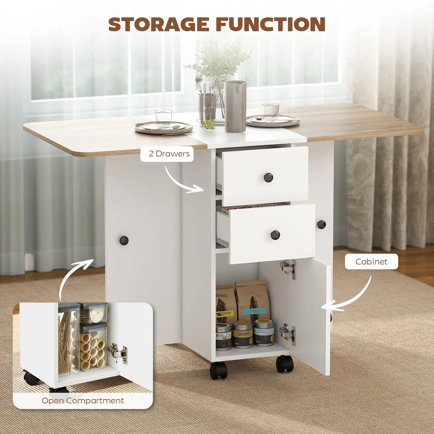 Mobile Drop Leaf Dining Table On Wheels, White And Oak, White