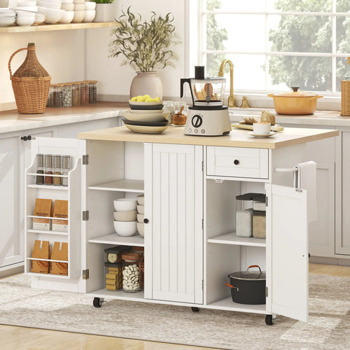 Kitchen Island Cart, Rolling Table with Drop Leaf, Drawer, Spice Rack, White