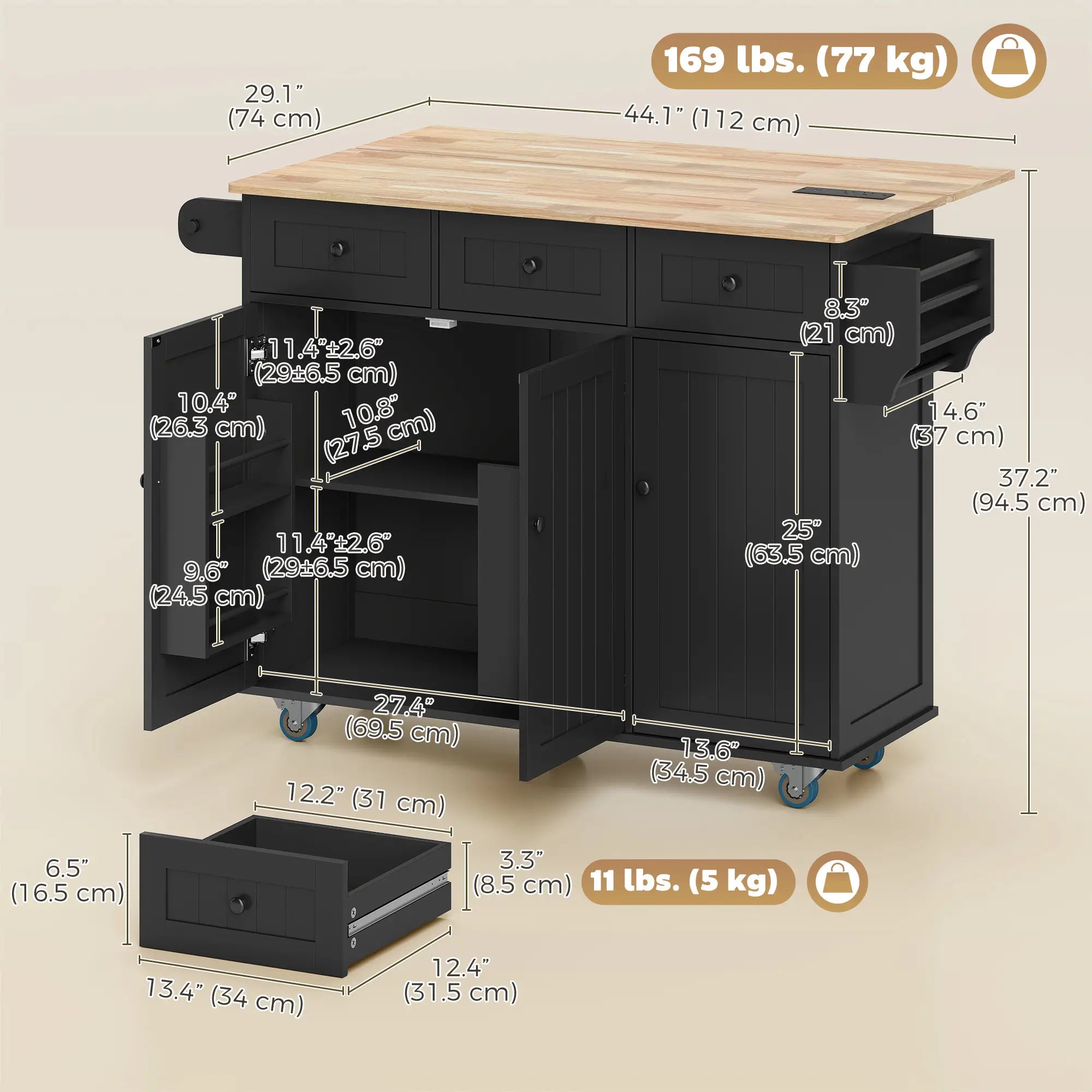Kitchen Island On Wheels With Drop Leaf, Charging Station, Black Kitchen Islands & Kitchen Carts at Gallery Canada