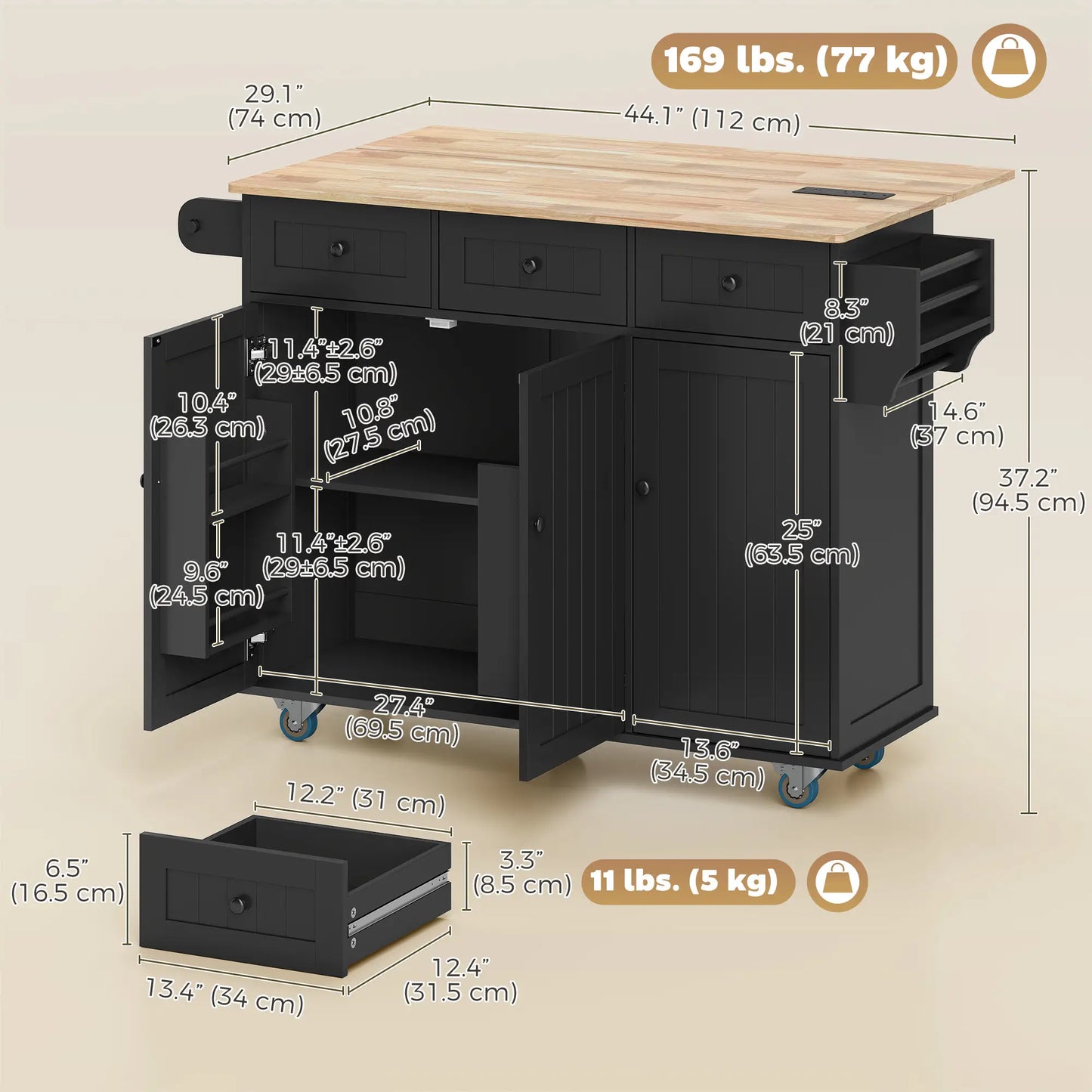 Kitchen Island On Wheels With Drop Leaf, Charging Station, Black Kitchen Islands & Kitchen Carts at Gallery Canada