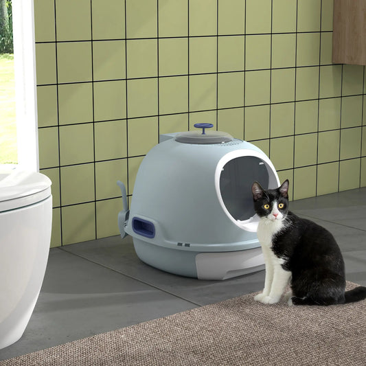 Covered Cat Litter Box with Lid, Scoop, Enclosed Drawer, Skylight, Blue Cat Litter Box Enclosures Blue at Gallery Canada