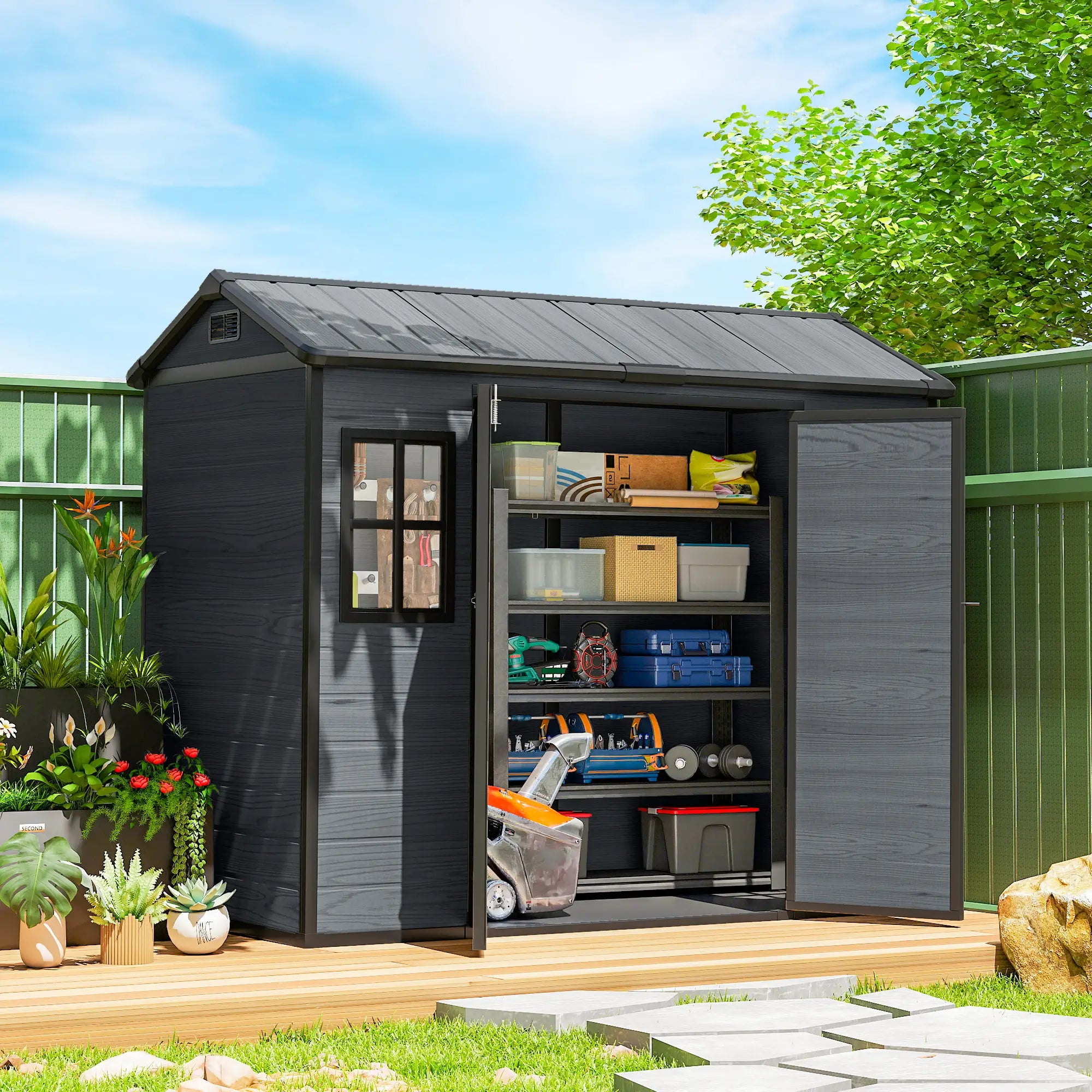 8 x 4 ft Dark Grey Resin Garden Shed, Wood-Effect Outdoor Storage, Dark Grey Sheds at Gallery Canada
