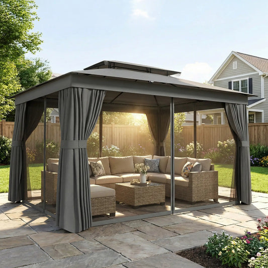 10' x 12.5' Gazebo, With Curtains, Netting, Double Roof, Dark Grey Gazebos Dark Grey at Gallery Canada
