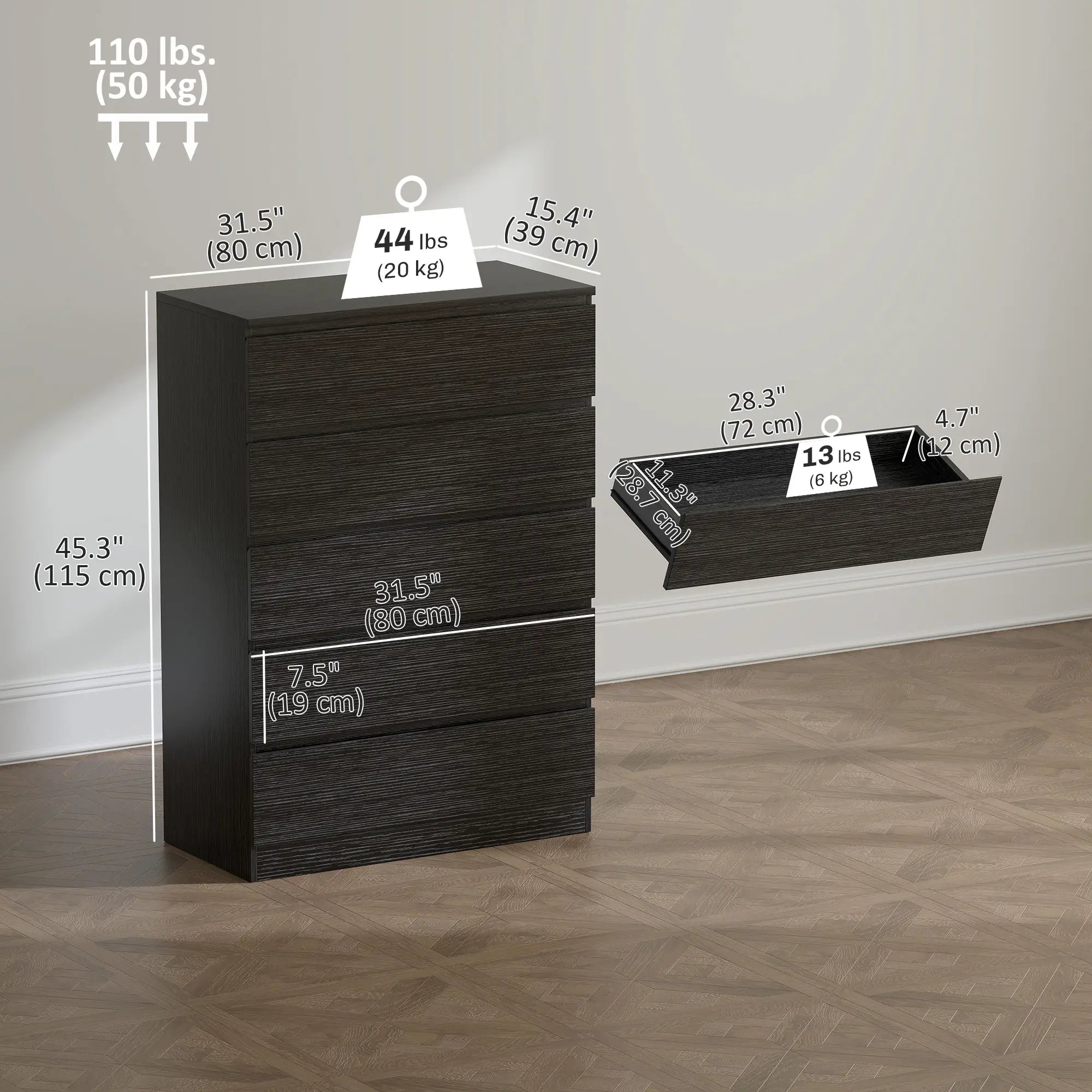 5 Drawer Dresser, Modern Chest for Bedroom, Black Storage Cabinets at Gallery Canada