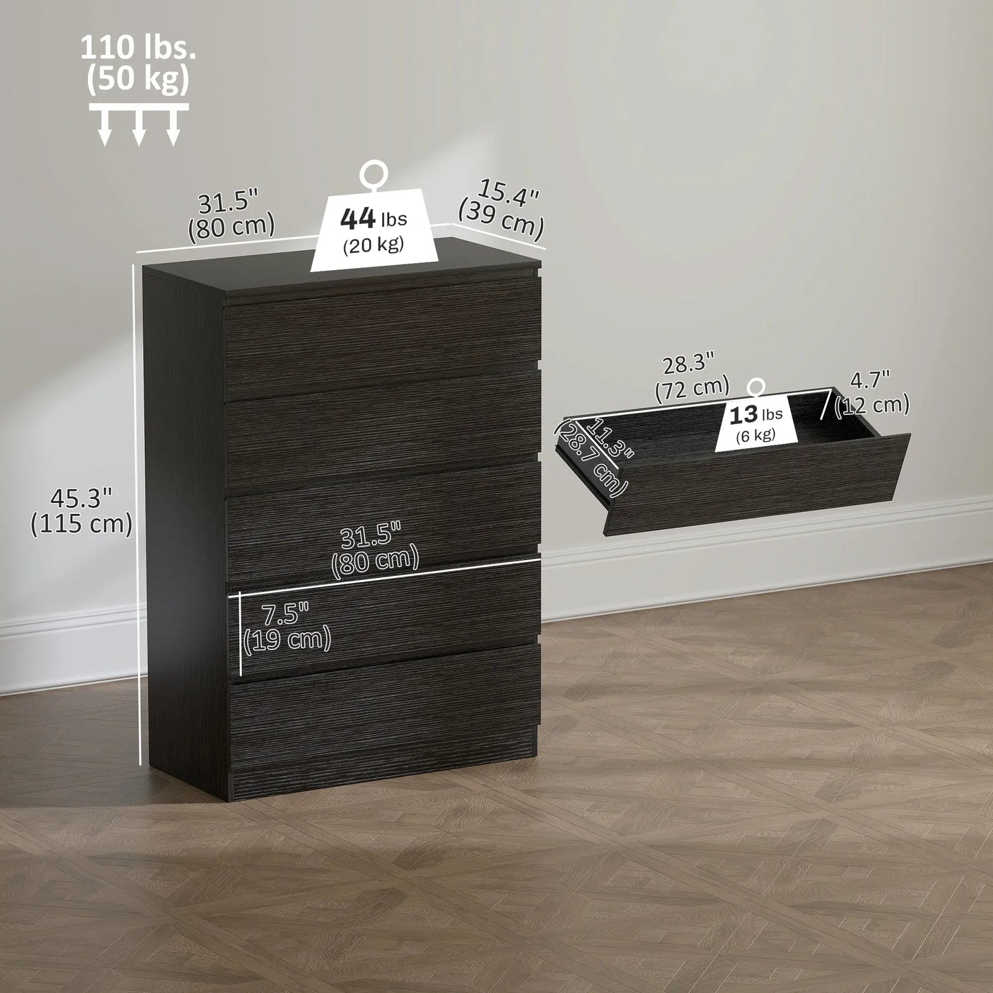 5 Drawer Dresser, Modern Chest for Bedroom, Black Storage Cabinets at Gallery Canada