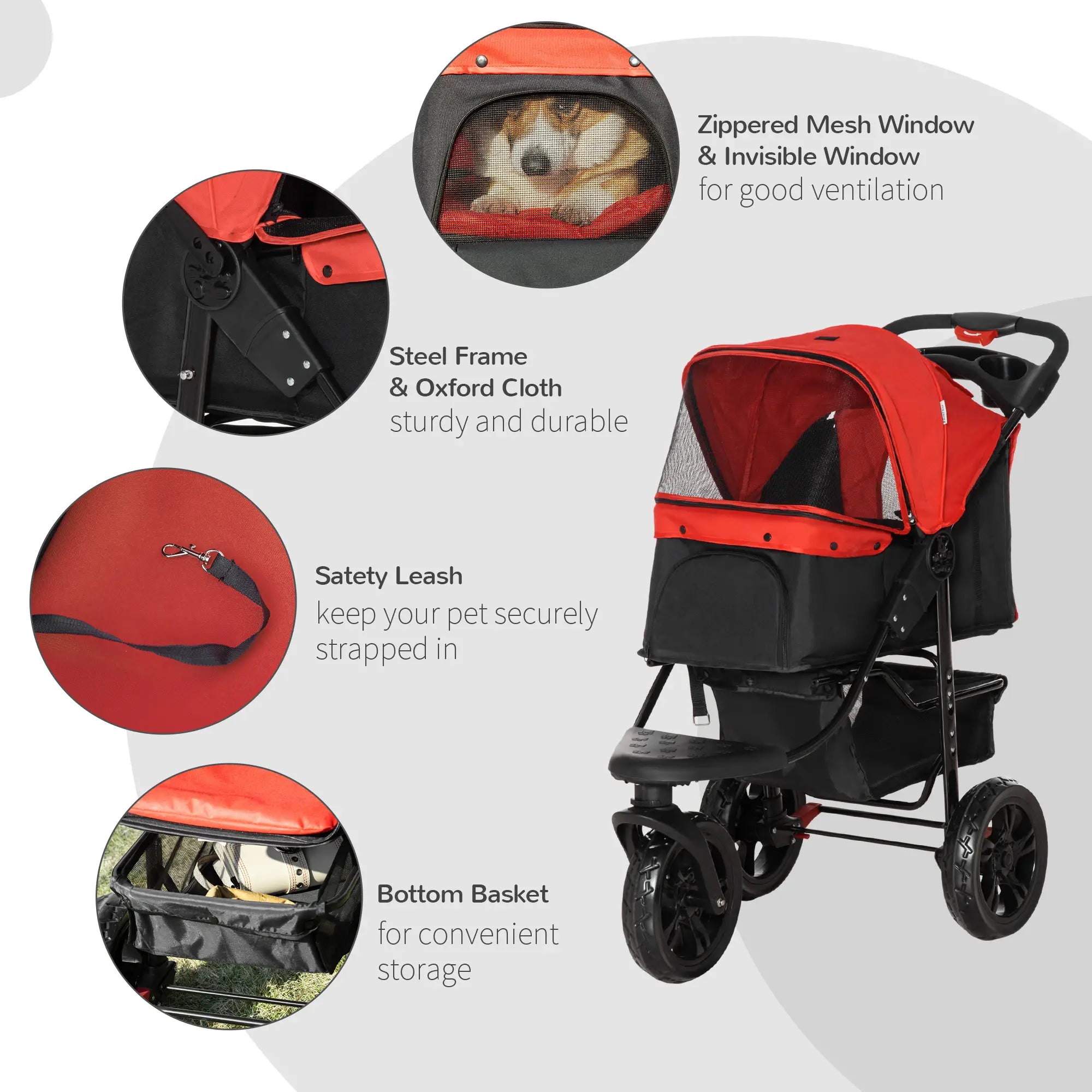 3 Wheel Folding Dog Stroller, Adjustable Canopy, Storage Brake, Mesh Window, S&M Dogs, Red Dog Bike Trailers & Strollers at Gallery Canada