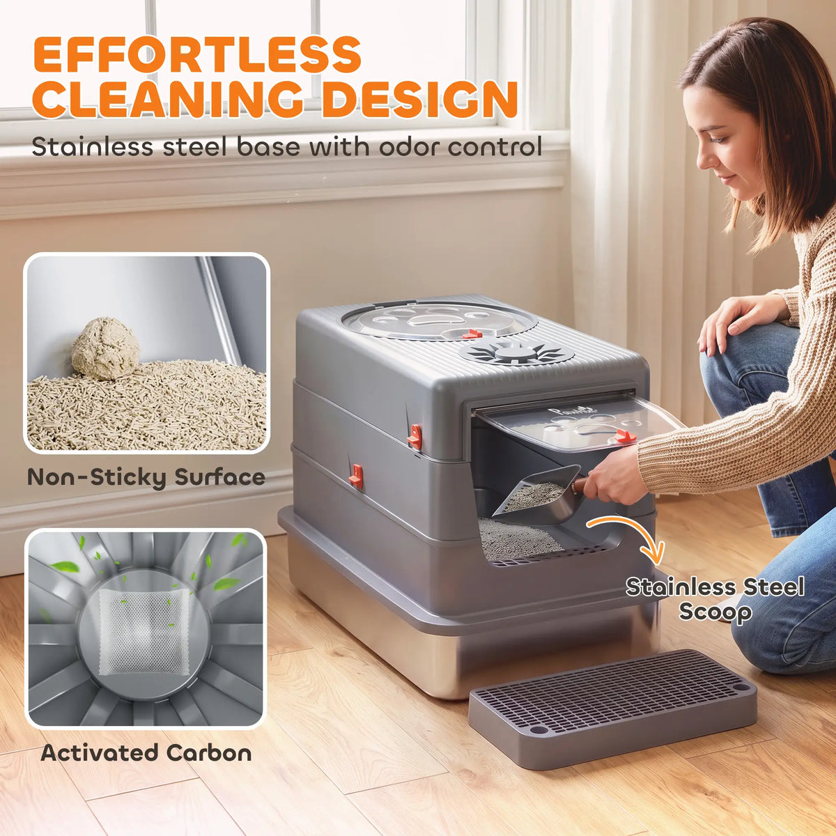 Enclosed Stainless Steel Cat Litter Box with Lid, Grey Cat Litter Box Enclosures at Gallery Canada