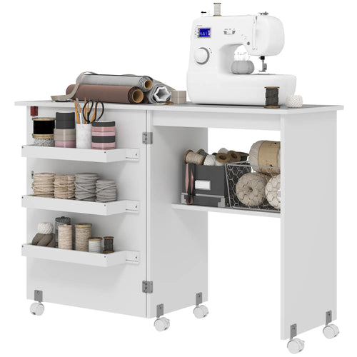 Folding Sewing Table with Storage, Lockable Wheels, White