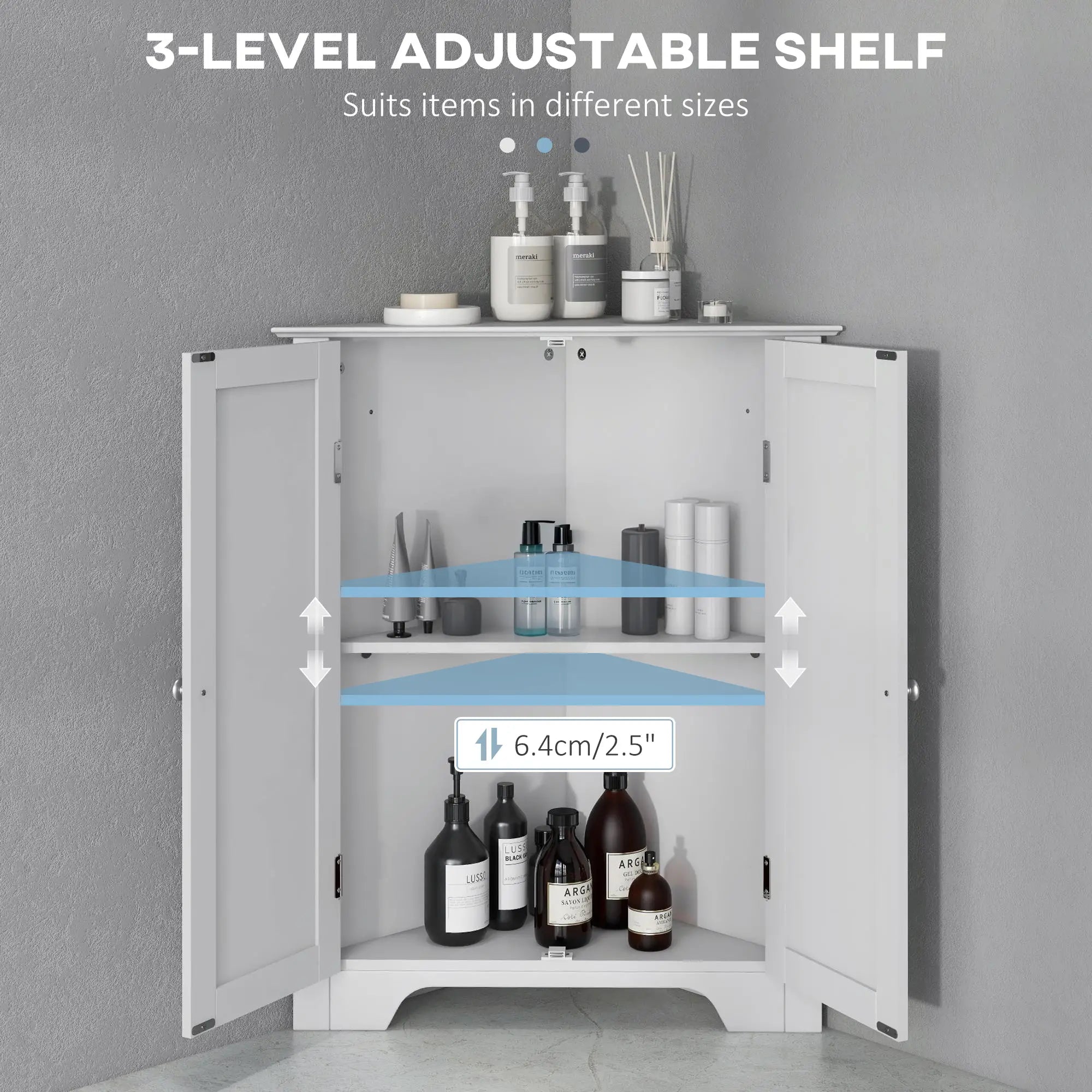 Modern Bathroom Storage Cabinet, Corner with Doors, Adjustable Shelf, White Bathroom Cabinets at Gallery Canada