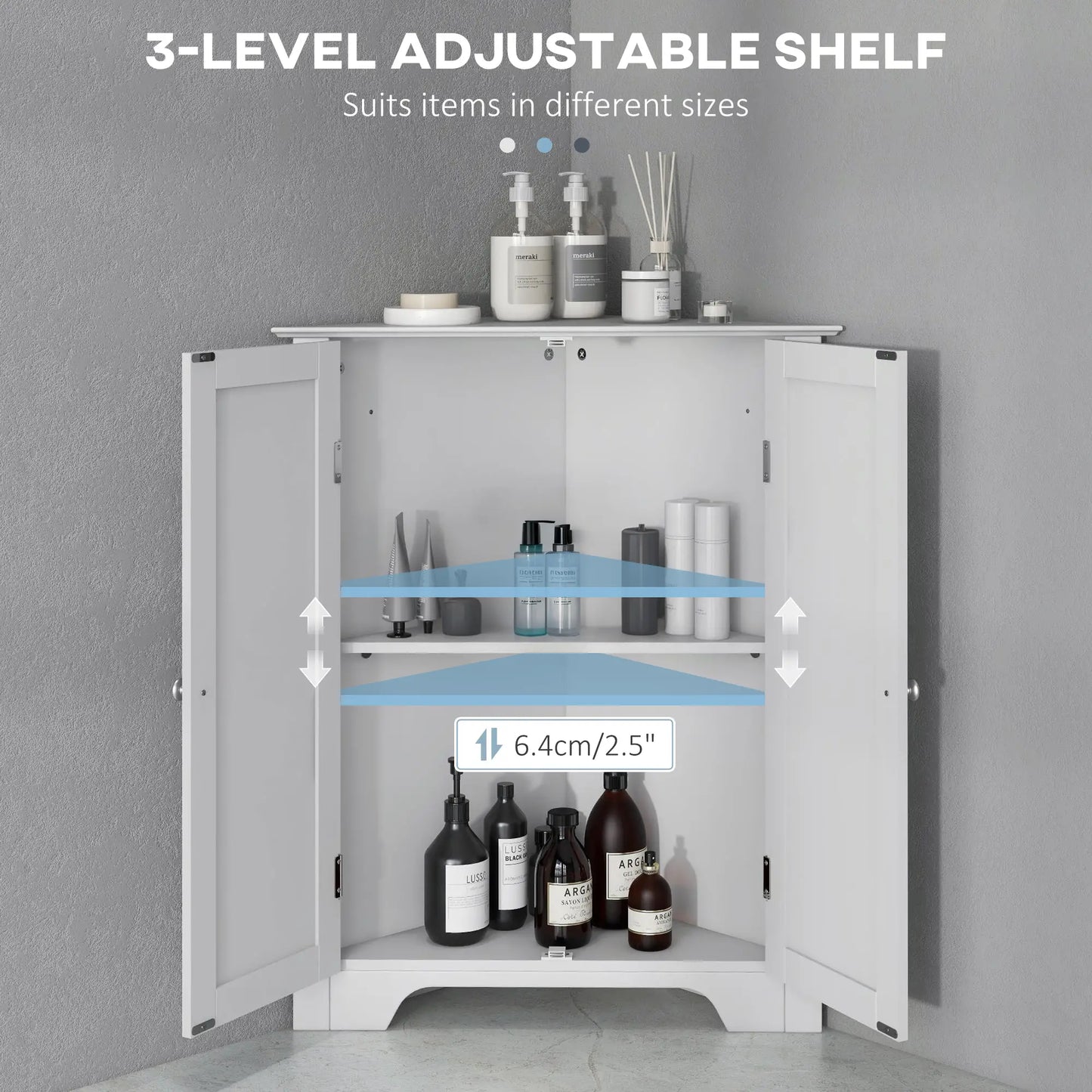 Modern Bathroom Storage Cabinet, Corner with Doors, Adjustable Shelf, White Bathroom Cabinets at Gallery Canada