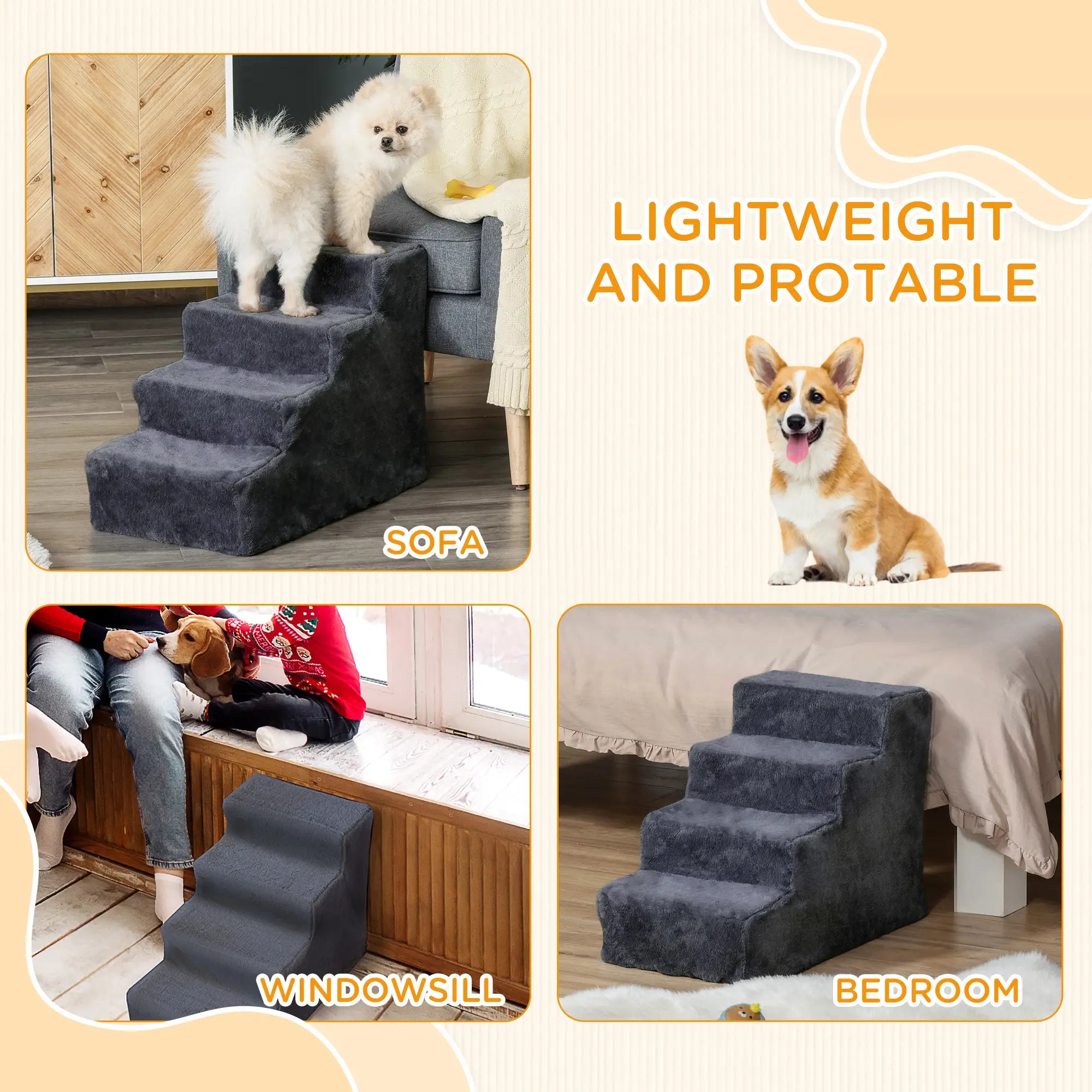 4-Step Dog Ramp for Sofa, Bed, Couch, Removable Cover, Dark Grey Dog Stairs at Gallery Canada