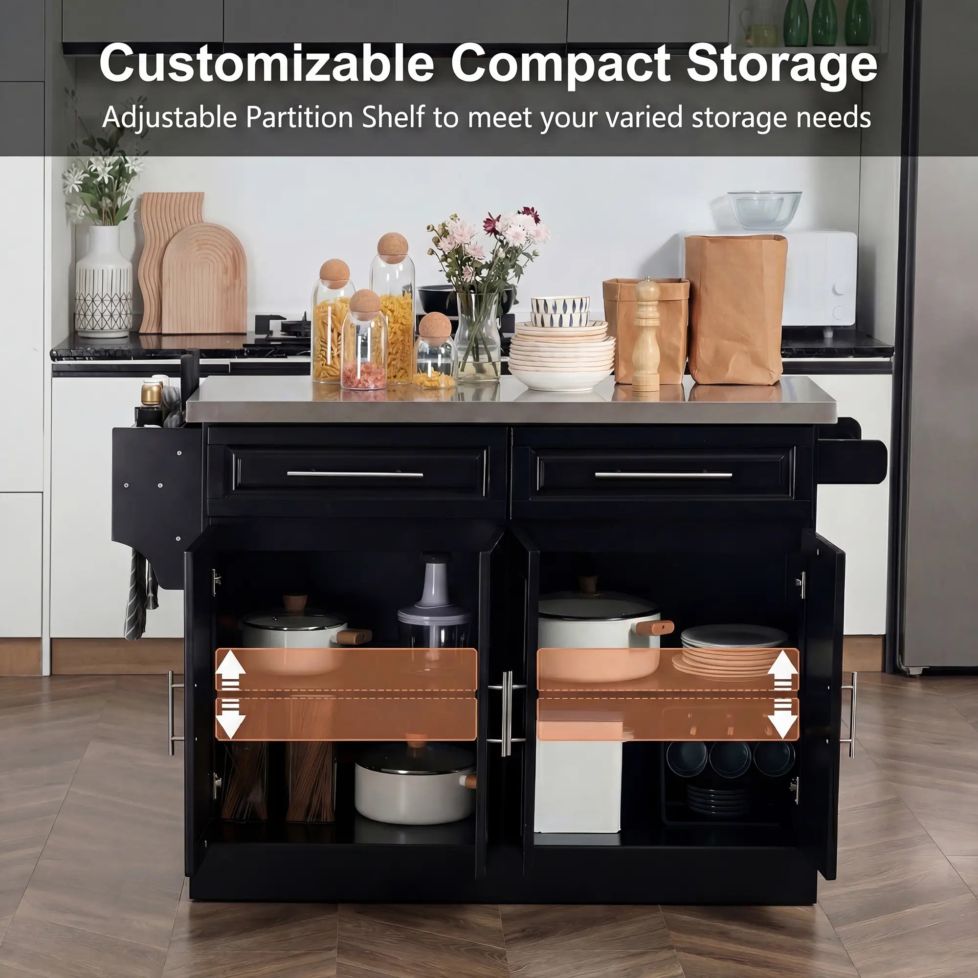 Rolling Kitchen Island with Storage and Stainless Steel Top, Kitchen Trolley with Drawers, Cabinets, Towel Rack Kitchen Islands & Kitchen Carts at Gallery Canada