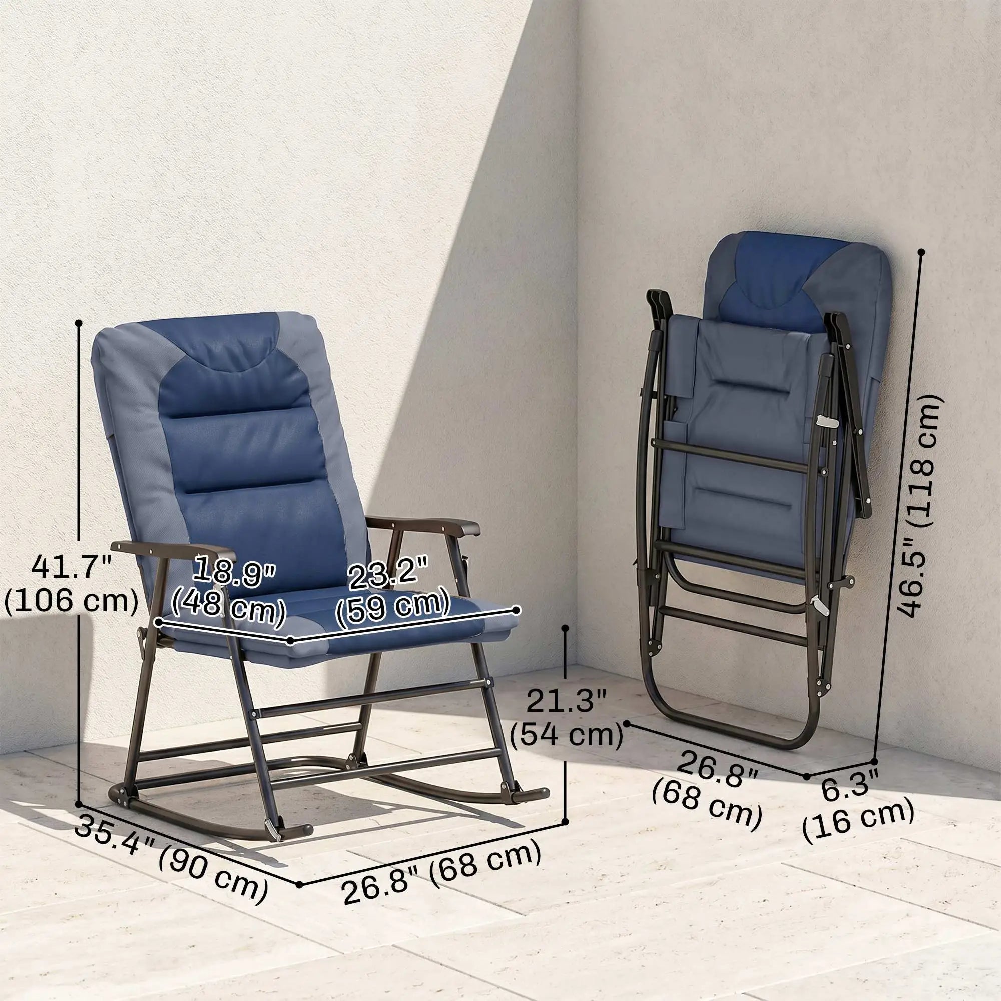 Folding Rocking Chair Set, 2 Padded Rockers with Armrest, Navy Blue Outdoor Rocking Chairs at Gallery Canada