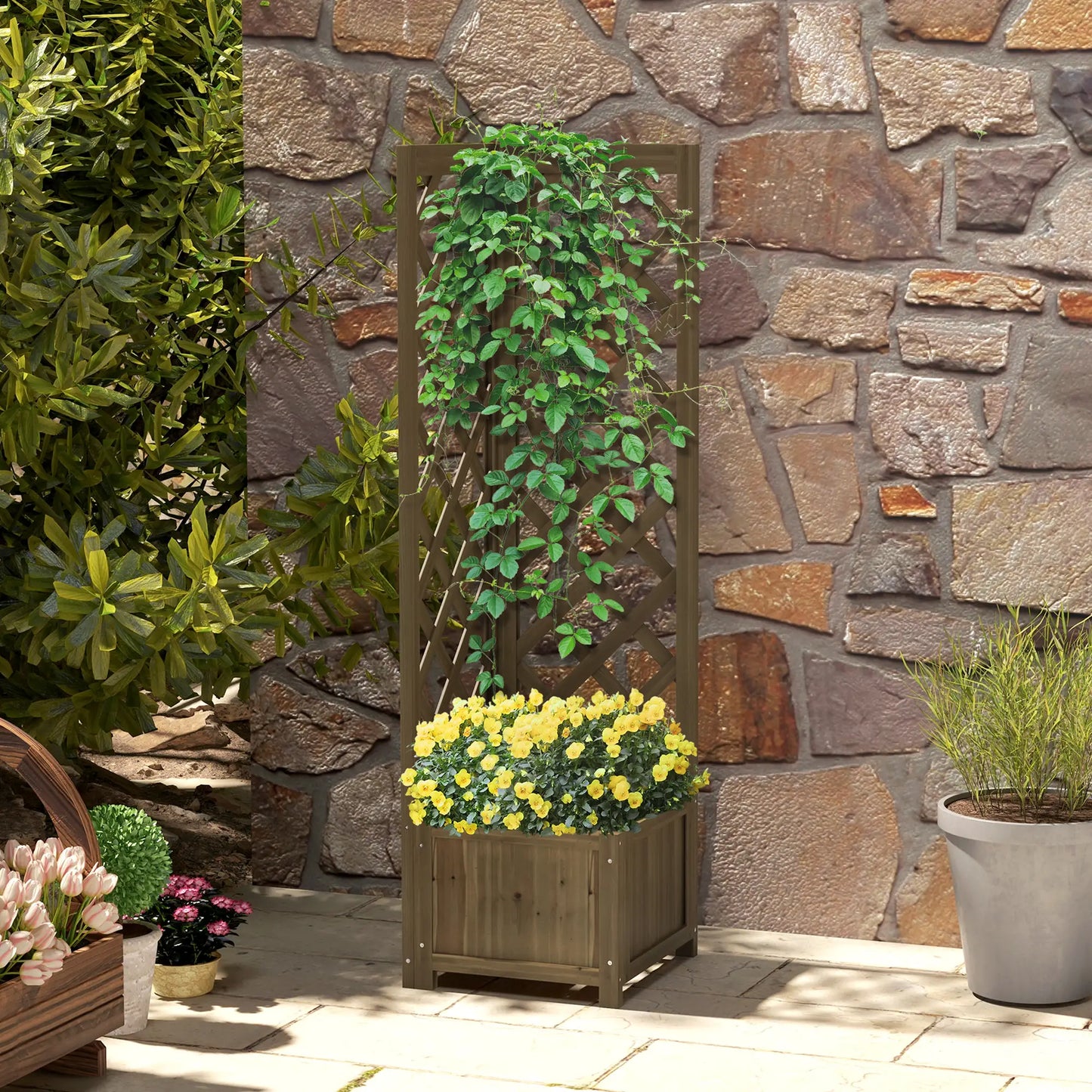 Raised Garden Bed Wood Planter With Trellis, 16" x 16" x 57", Carbonized Wooden Planter Boxes at Gallery Canada