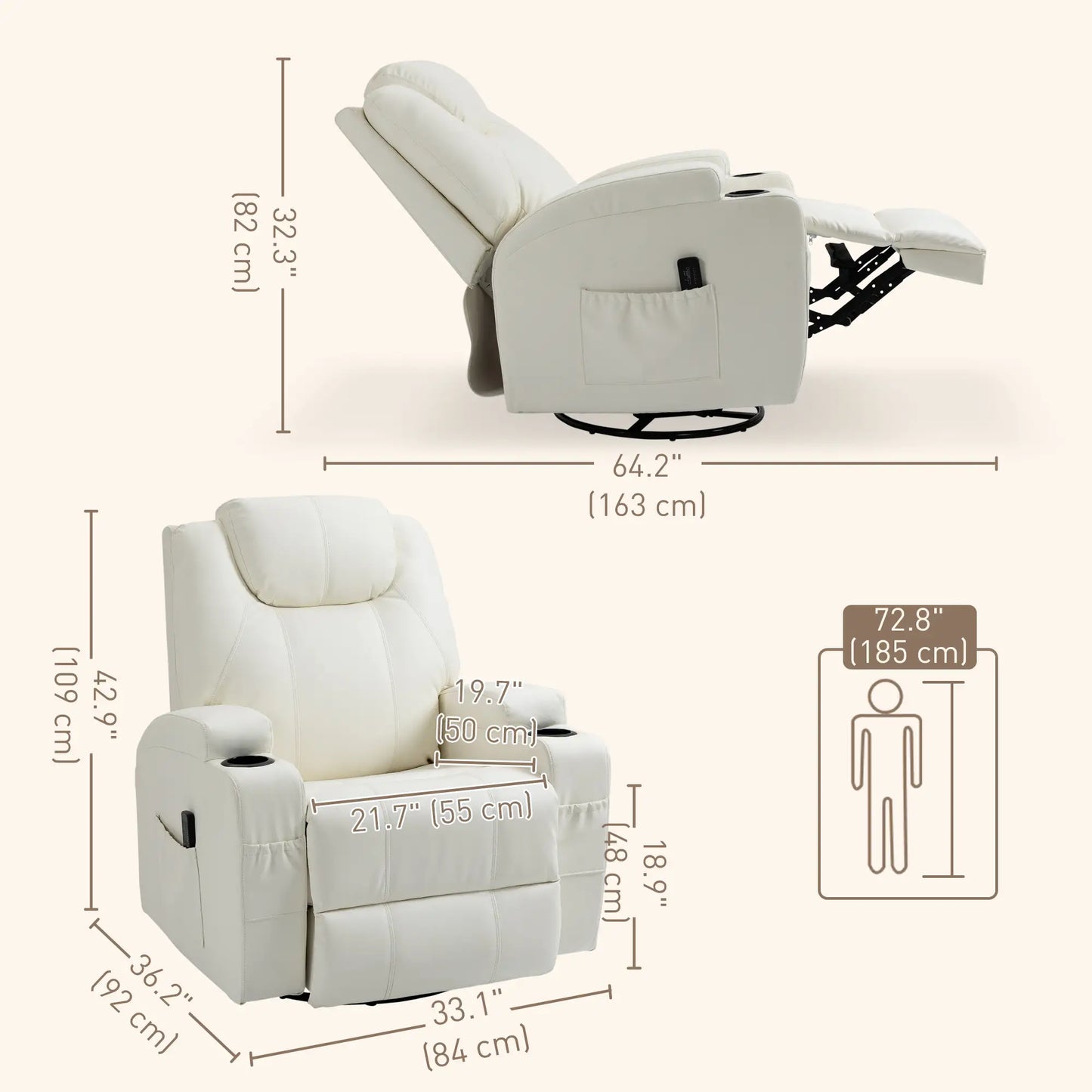 Massage Recliner Chair, Swivel Rocker, 8 Vibration Points, PU Leather, Cream White Massage Chairs at Gallery Canada