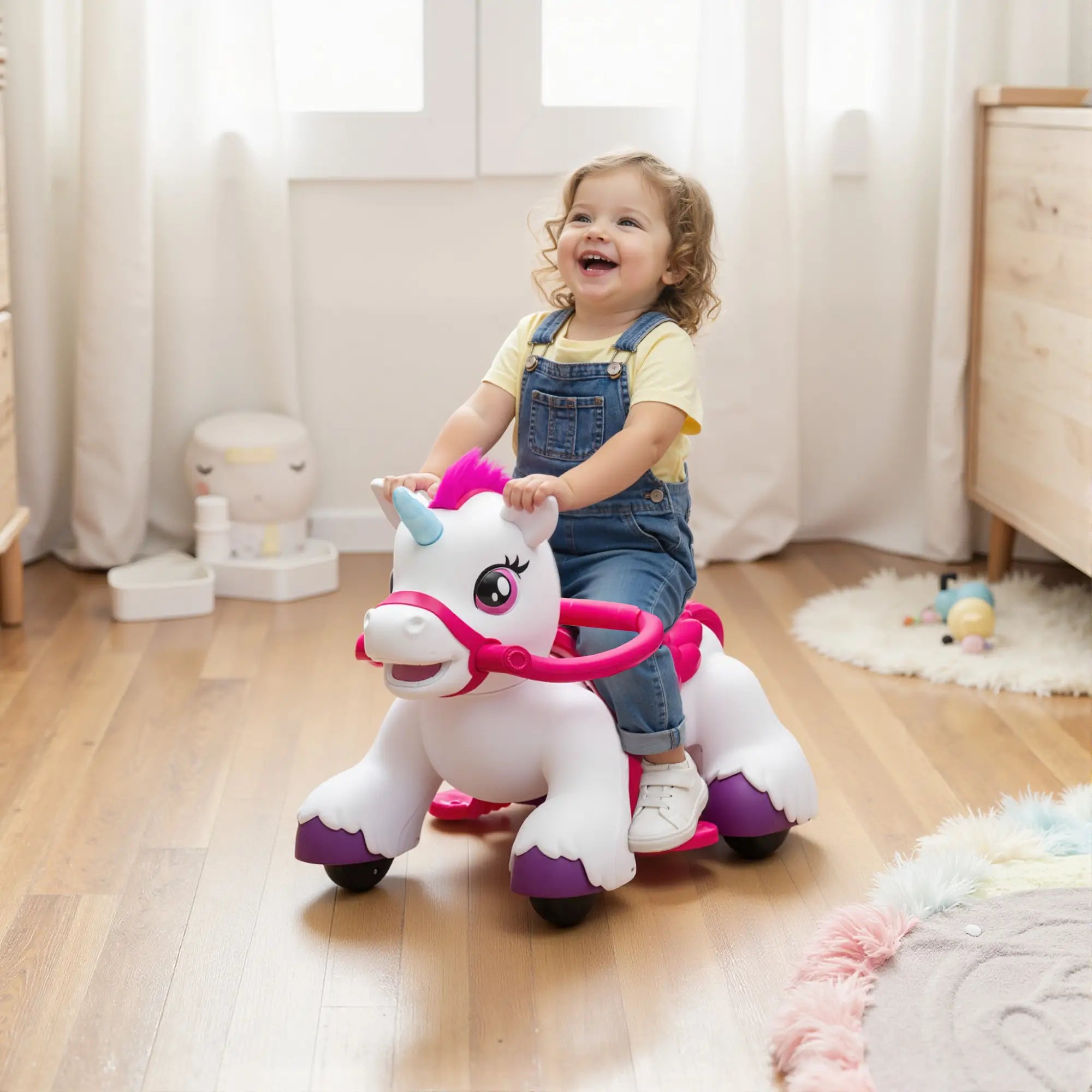 12V Unicorn Ride on Toy, Battery Powered, Carrot Toy, Comb, Animal Sounds Rocking Horses at Gallery Canada