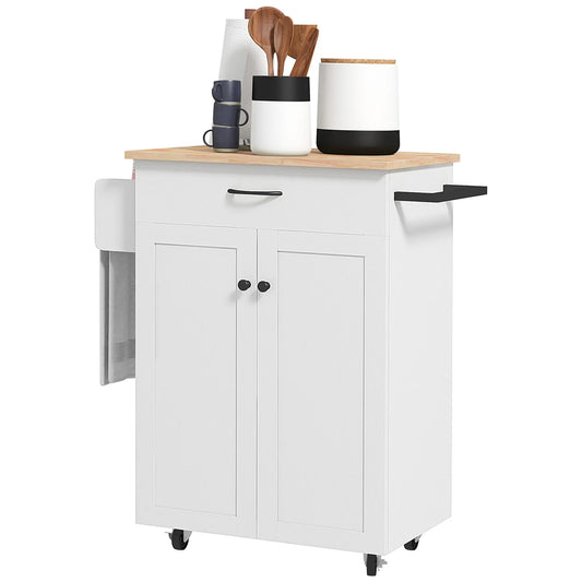 Modern Rolling Kitchen Island Cart, Natural Wood Top, Distressed White, White Kitchen Islands & Kitchen Carts Distressed White, Oak at Gallery Canada