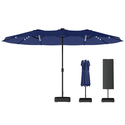 Double-Sided Patio Umbrella, 15ft, 48 LED Lights, Base Included, Dark Blue